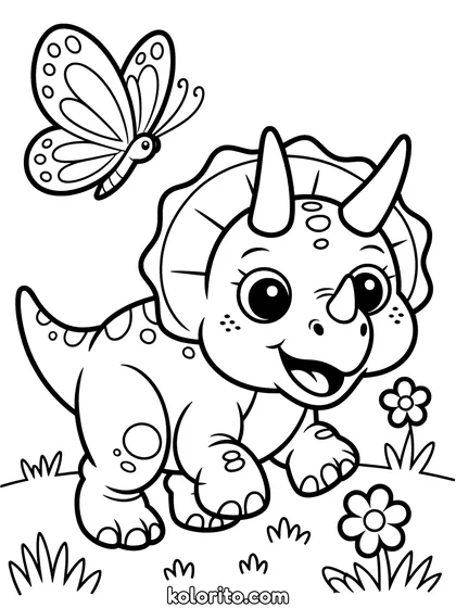 Baby Triceratops kleurplaat: een jonge Triceratops rent achter een vlinder aan