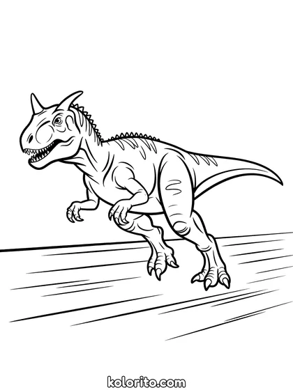 Carnotaurus kleurplaat: een Carnotaurus rent op volle snelheid met zijn hoorns vooruit