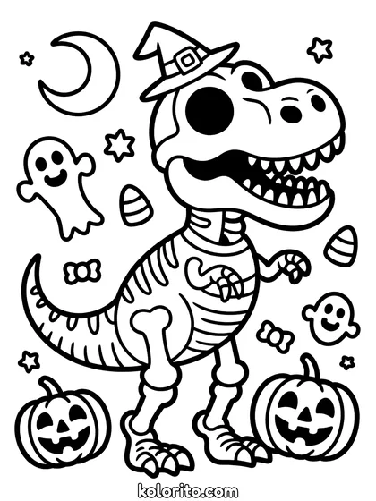 Halloween dinosaurus kleurplaat: een dinosaurusskelet tussen pompoenen en spookjes