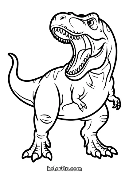 T-rex kleurplaat: een brullende Tyrannosaurus rex met wijd open bek en scherpe tanden
