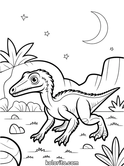 Troodon kleurplaat: een Troodon jaagt in het donker onder de sterren